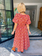 WANDER DOWN THE GARDEN PATH FLORAL MIDI DRESS - RUST