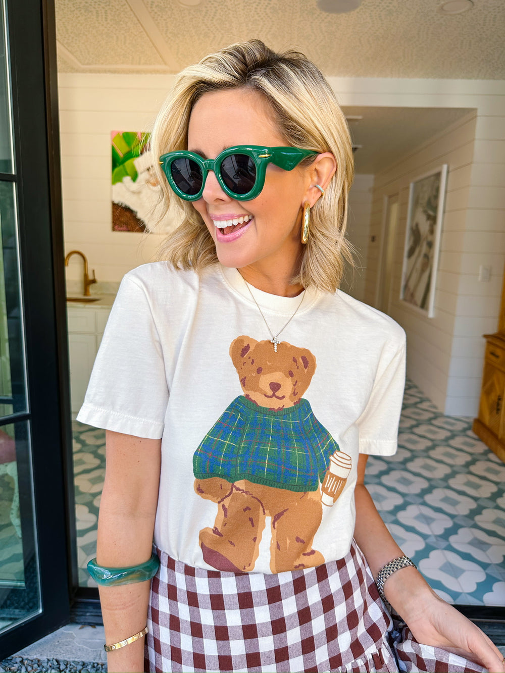 COZY PLAID BEAR CROP TEE - WHITE