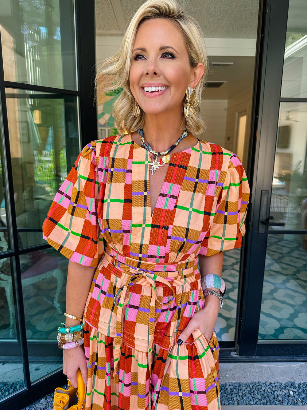 HIDDEN PATHS PLAID MIDI DRESS