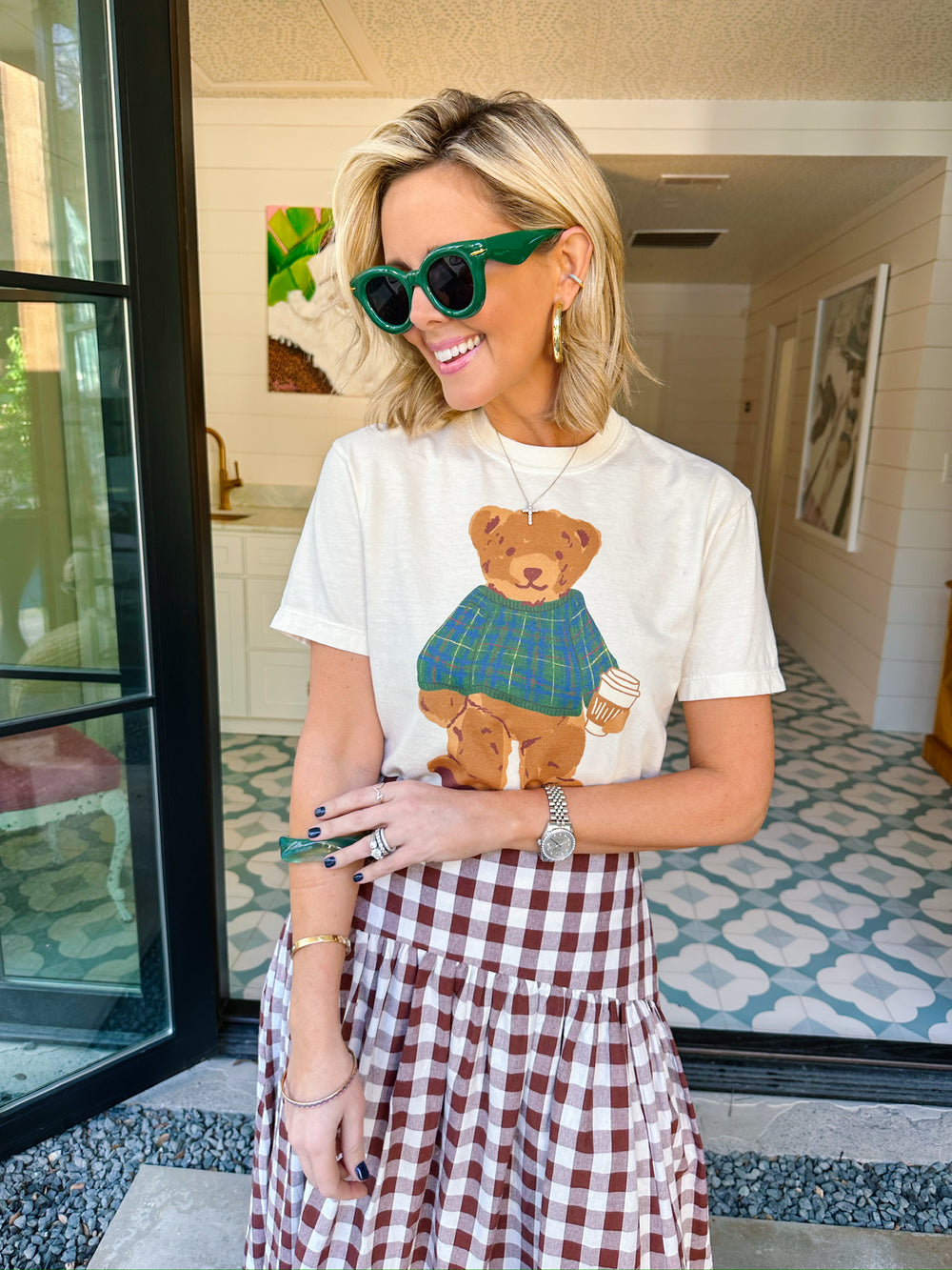 COZY PLAID BEAR CROP TEE - WHITE