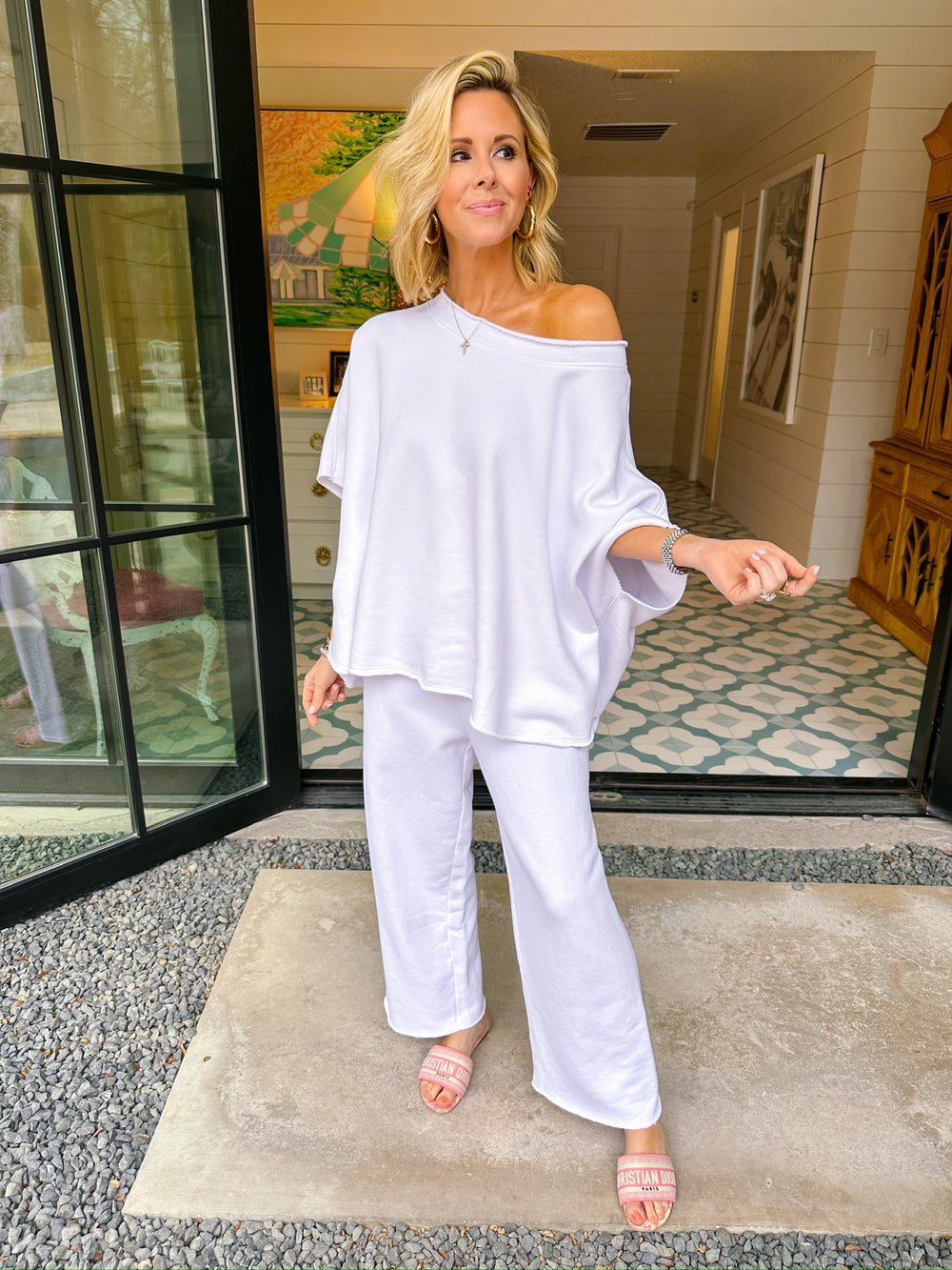 LOUNGE QUEEN SHORT SLEEVE PANT SET - WHITE