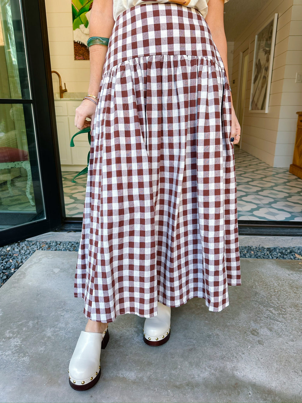 GEORGIE GINGHAM MIDI SKIRT - BROWN