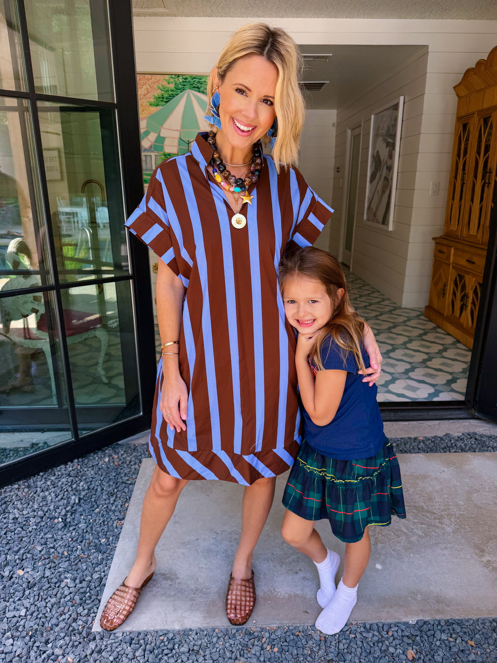 THIS WAY FORWARD STRIPE V NECK DRESS - BLUE/BROWN