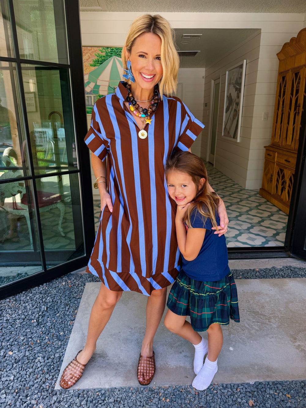 THIS WAY FORWARD STRIPE V NECK DRESS - BLUE/BROWN