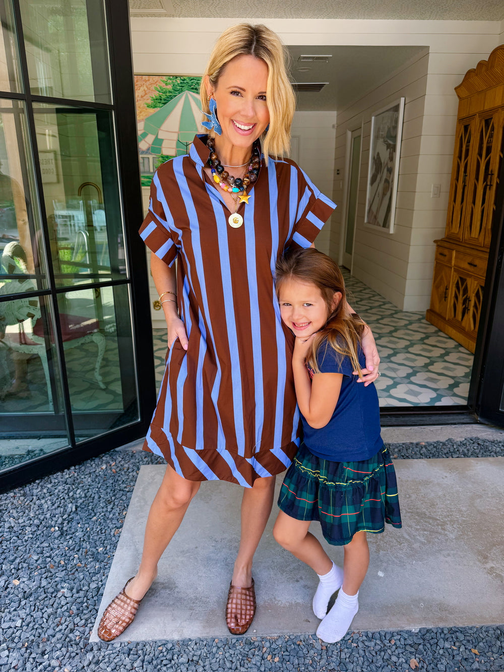 THIS WAY FORWARD STRIPE V NECK DRESS - BLUE/BROWN