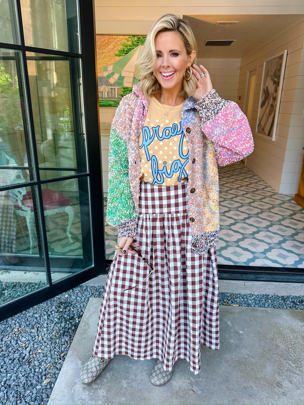 GEORGIE GINGHAM MIDI SKIRT - BROWN