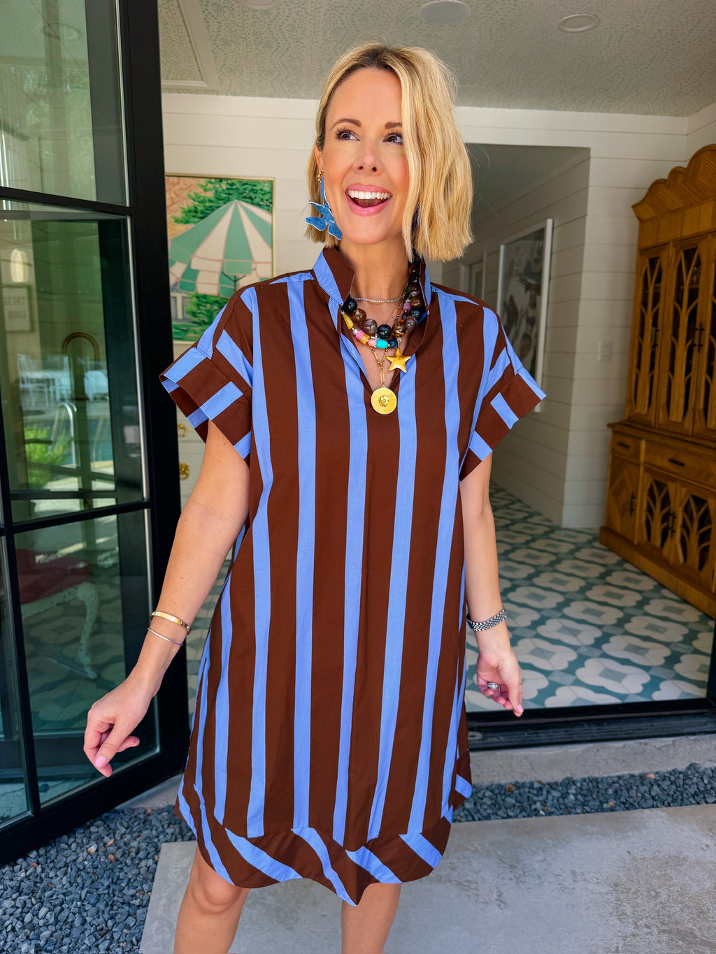 THIS WAY FORWARD STRIPE V NECK DRESS - BLUE/BROWN