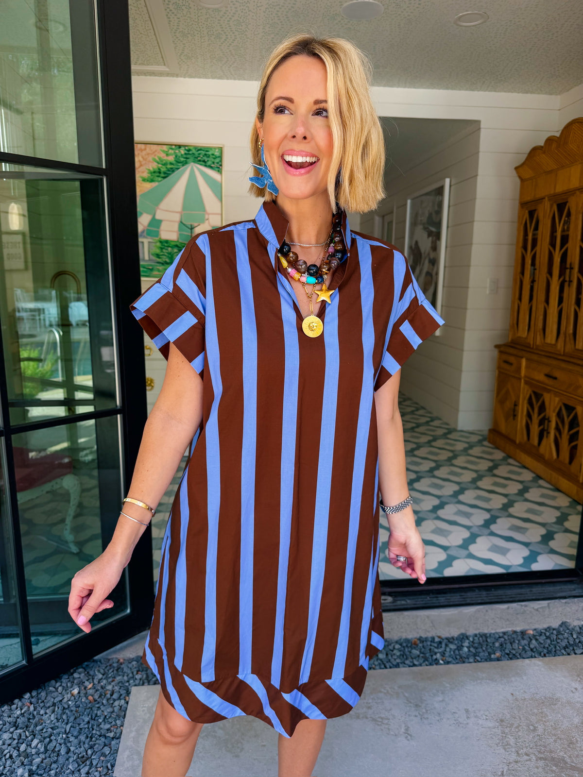 THIS WAY FORWARD STRIPE V NECK DRESS - BLUE/BROWN