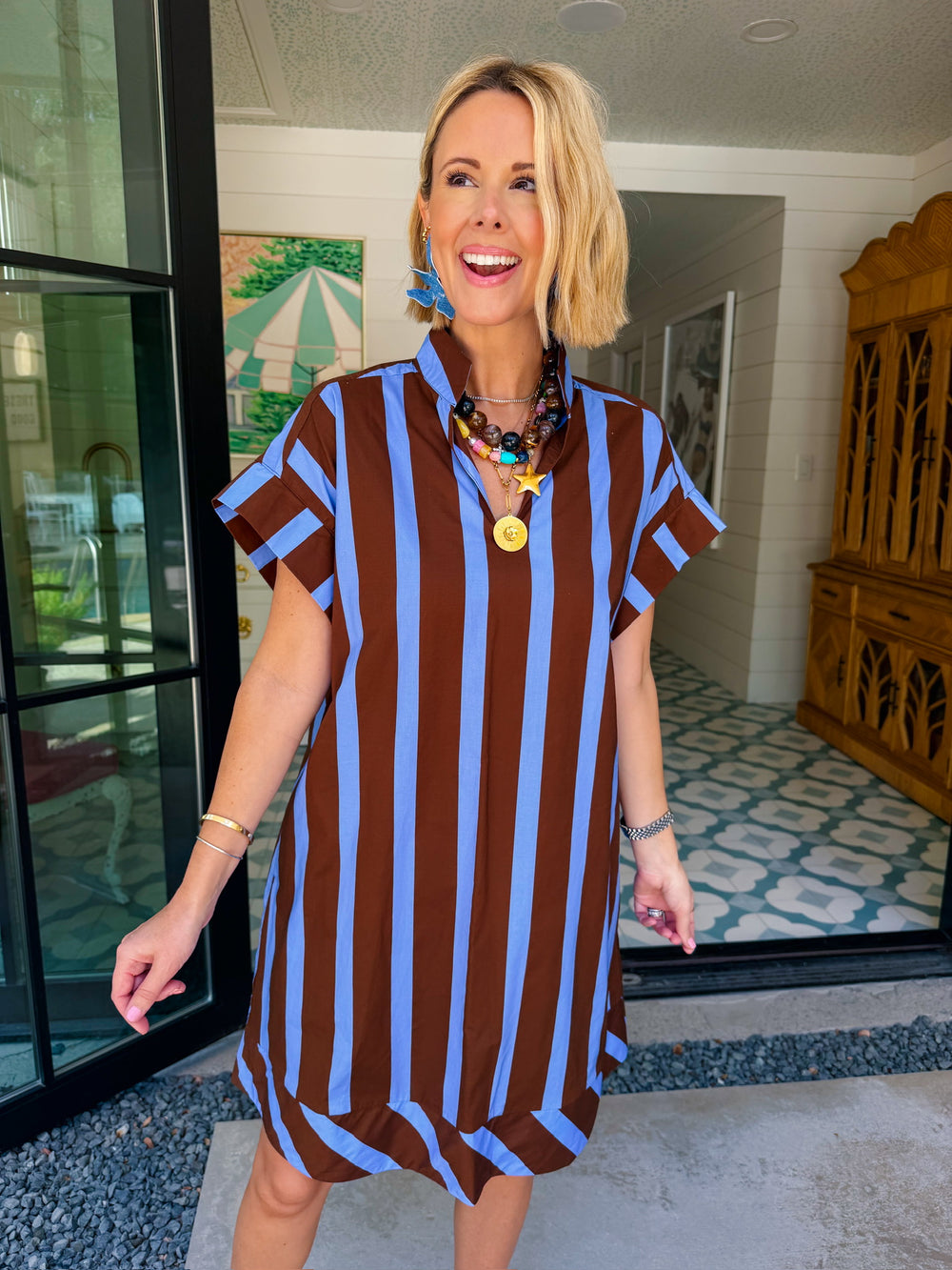 THIS WAY FORWARD STRIPE V NECK DRESS - BLUE/BROWN