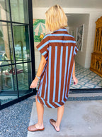 THIS WAY FORWARD STRIPE V NECK DRESS - BLUE/BROWN