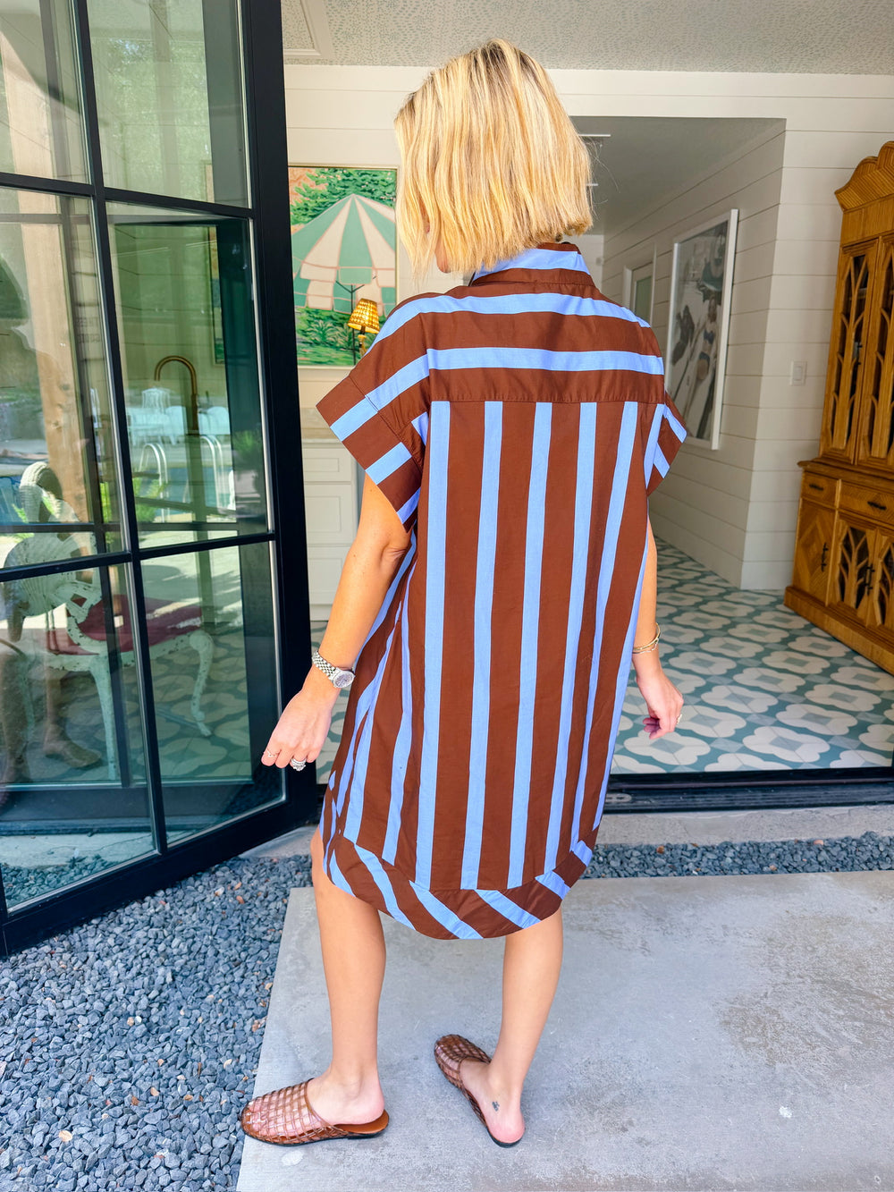 THIS WAY FORWARD STRIPE V NECK DRESS - BLUE/BROWN