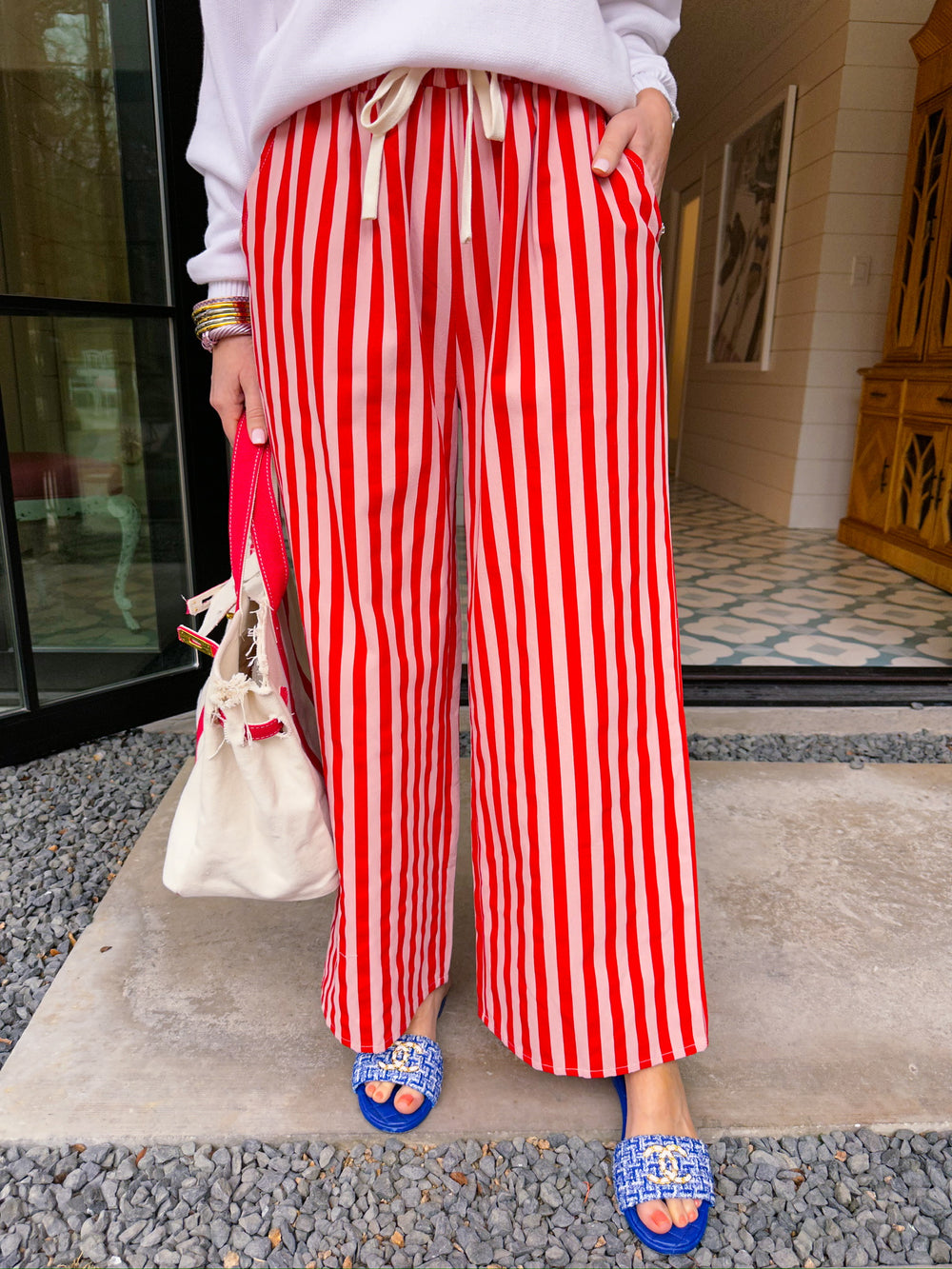 CHASE THE DAY STRIPE DRAWSTRING PANTS - RED/PINK