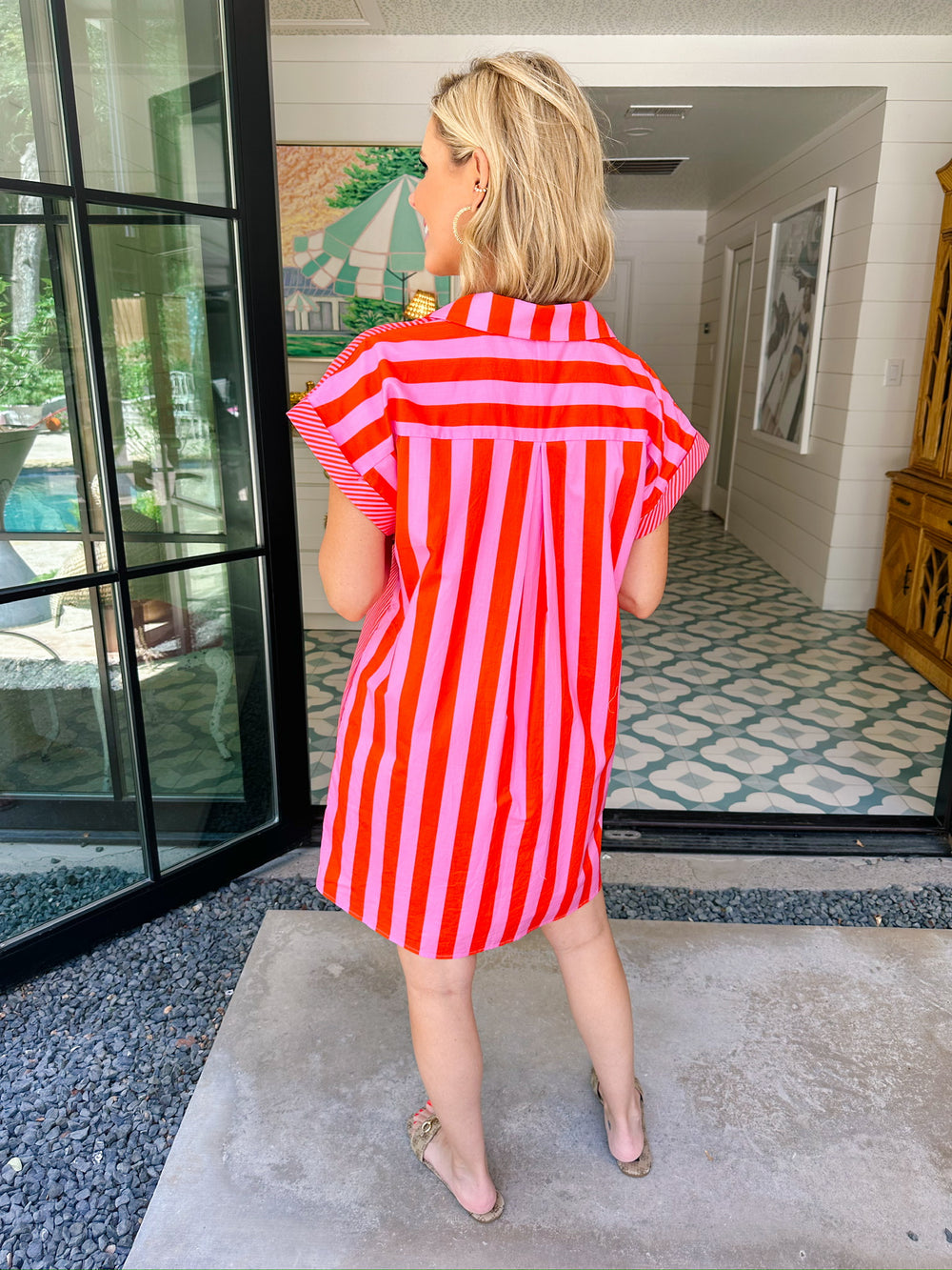 PERFECTLY ALIGNED CONTRAST STRIPE BUTTON UP DRESS - PINK/ORANGE