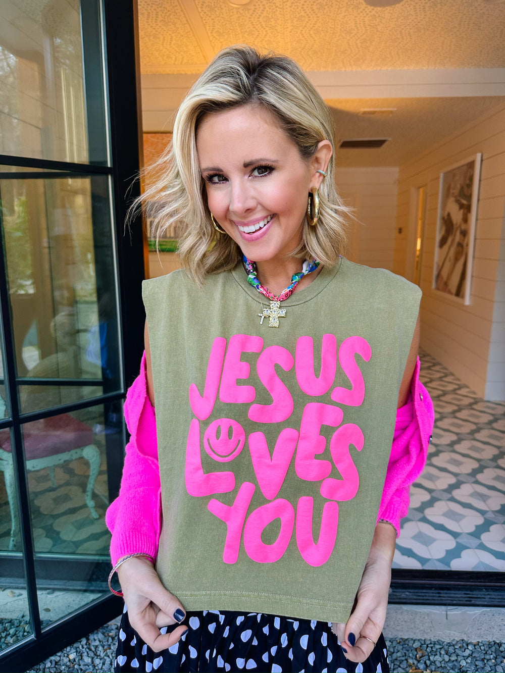 JESUS LOVES YOU MUSCLE TEE - GREEN/PINK