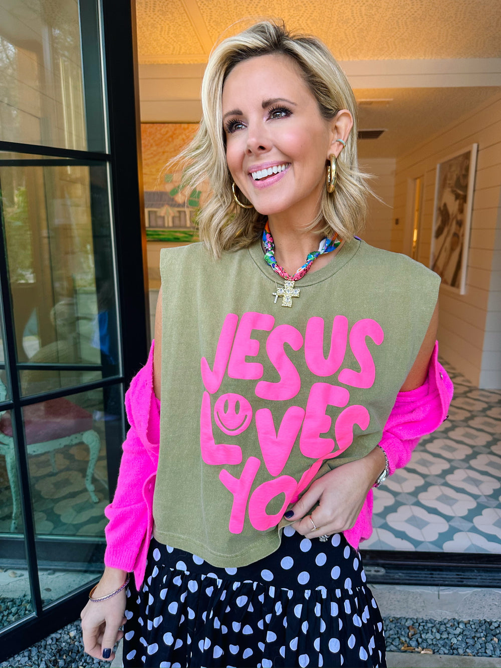 JESUS LOVES YOU MUSCLE TEE - GREEN/PINK