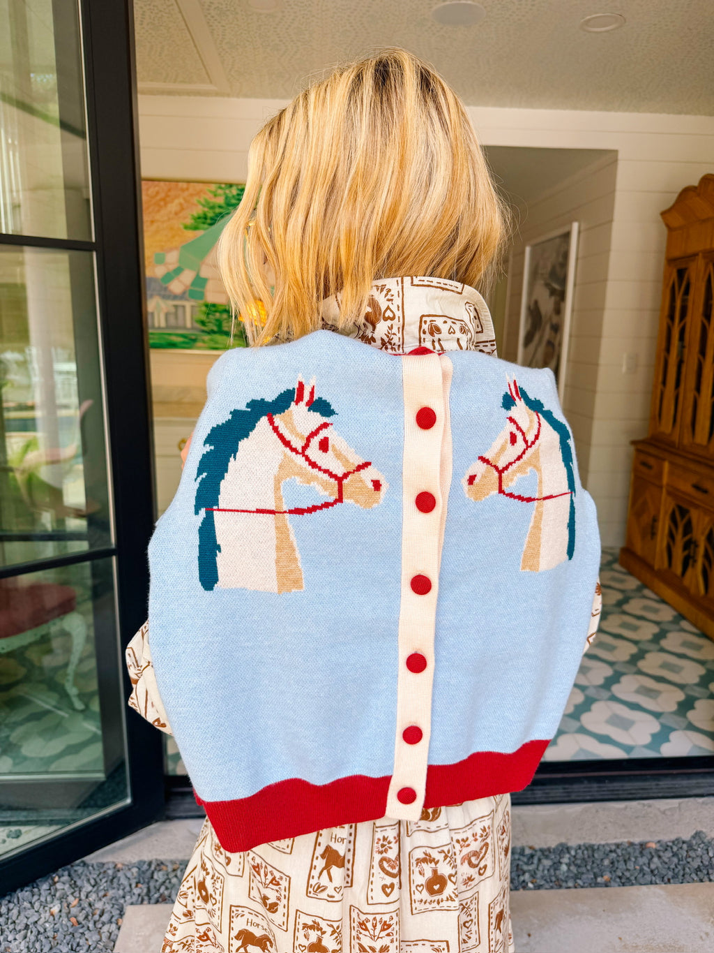 TWO FOR THE RIDE CONTRAST TRIM HORSE CARDIGAN - LIGHT BLUE