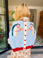 TWO FOR THE RIDE CONTRAST TRIM HORSE CARDIGAN - LIGHT BLUE