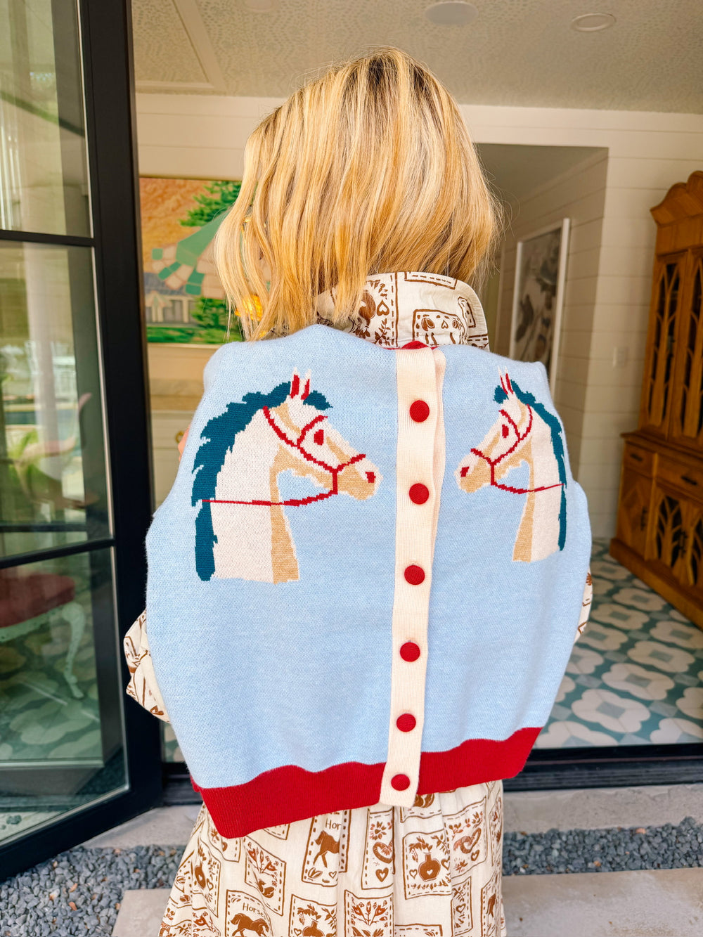 TWO FOR THE RIDE CONTRAST TRIM HORSE CARDIGAN - LIGHT BLUE