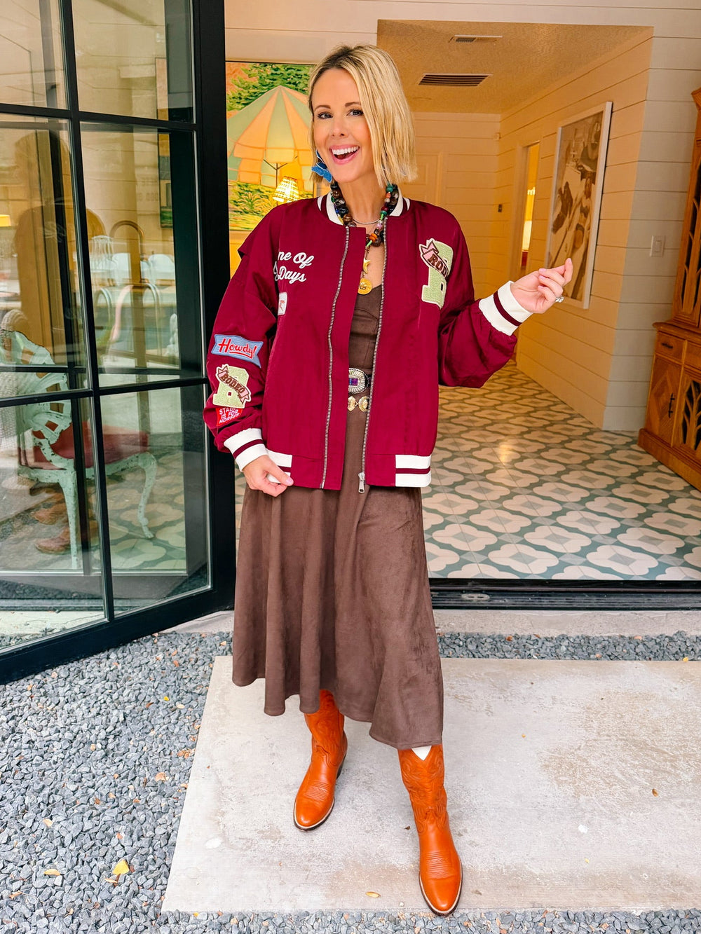 JUST ONE OF THEM DAYS RODEO PATCHWORK VARSITY BOMBER JACKET - PLUM
