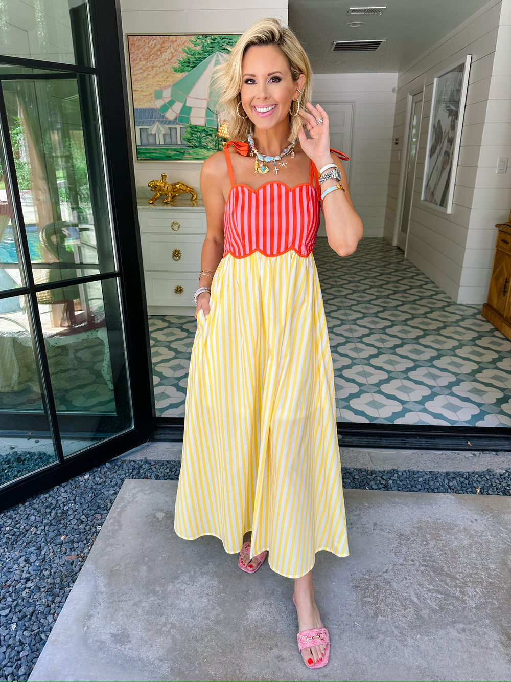 BRIGHTER DAYS AHEAD SCALLOP STRIPE MIDI DRESS - YELLOW/CORAL