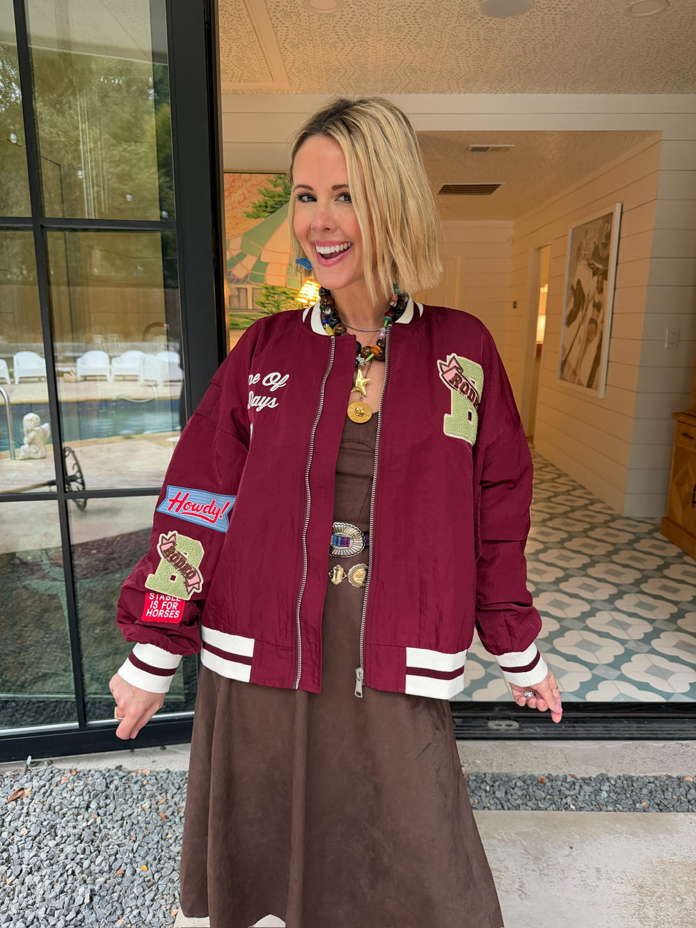 JUST ONE OF THEM DAYS RODEO PATCHWORK VARSITY BOMBER JACKET - PLUM