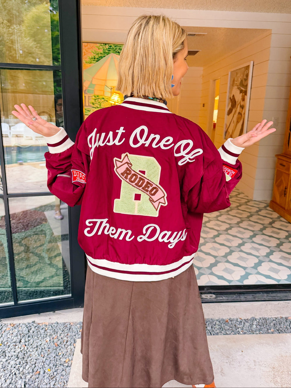 JUST ONE OF THEM DAYS RODEO PATCHWORK VARSITY BOMBER JACKET - PLUM
