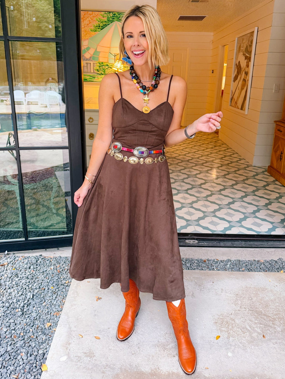 TAKE ANOTHER LOOK FAUX SUEDE MIDI DRESS - BROWN