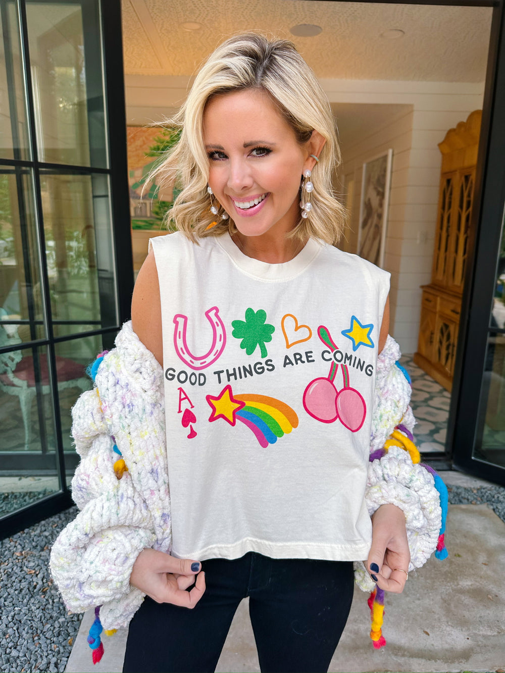 GOOD THINGS ARE COMING MUSCLE TEE - WHITE