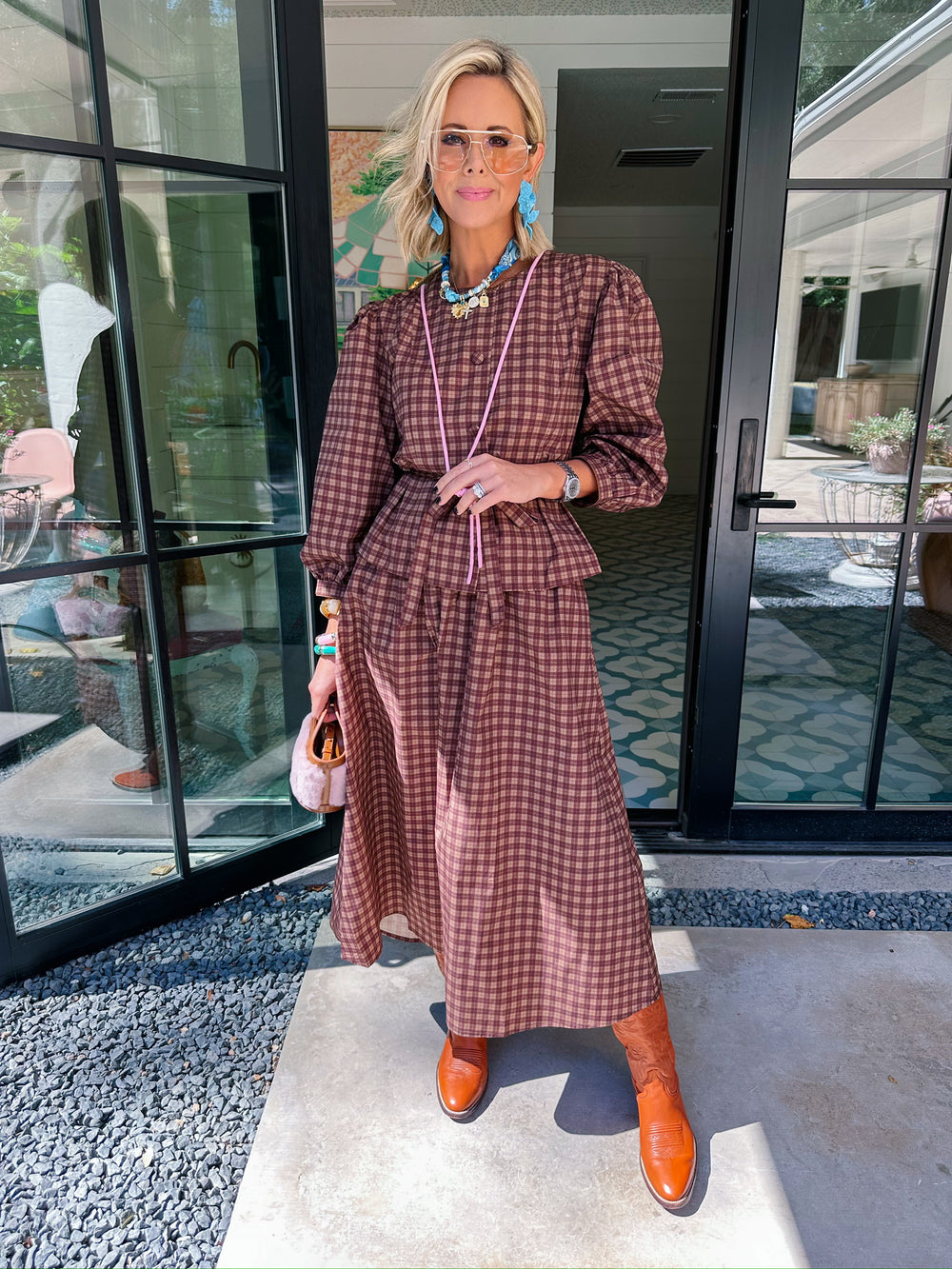 AUTUMN BREEZE PLAID WINDBREAKER LONG SLEEVE TOP - BROWN