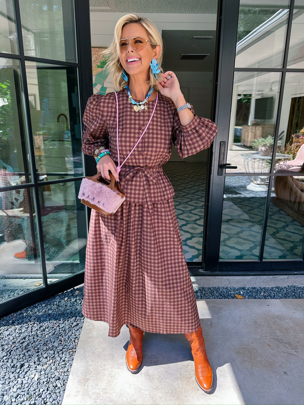 AUTUMN BREEZE PLAID WINDBREAKER LONG SLEEVE TOP - BROWN