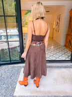 TAKE ANOTHER LOOK FAUX SUEDE MIDI DRESS - BROWN