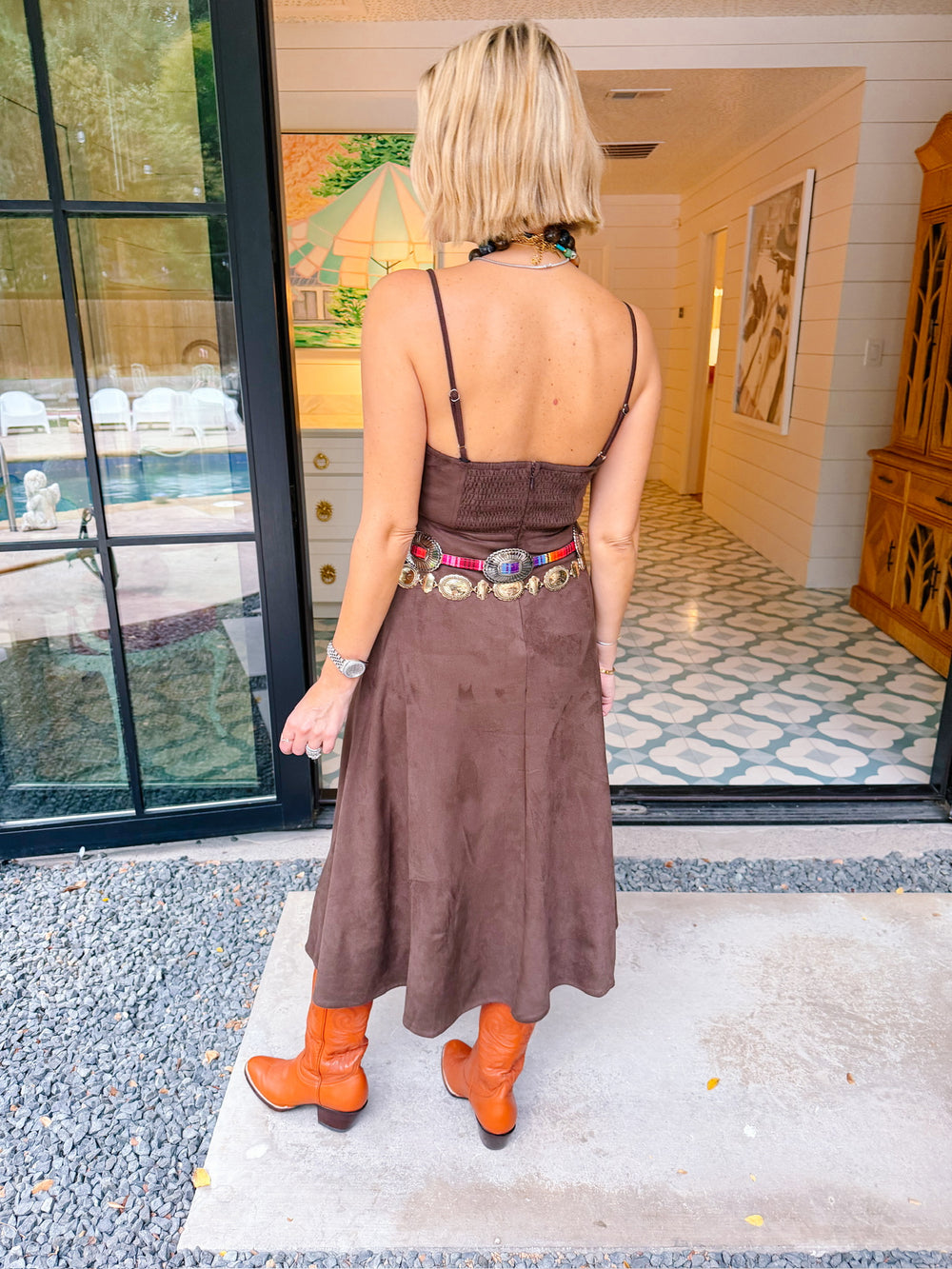 TAKE ANOTHER LOOK FAUX SUEDE MIDI DRESS - BROWN