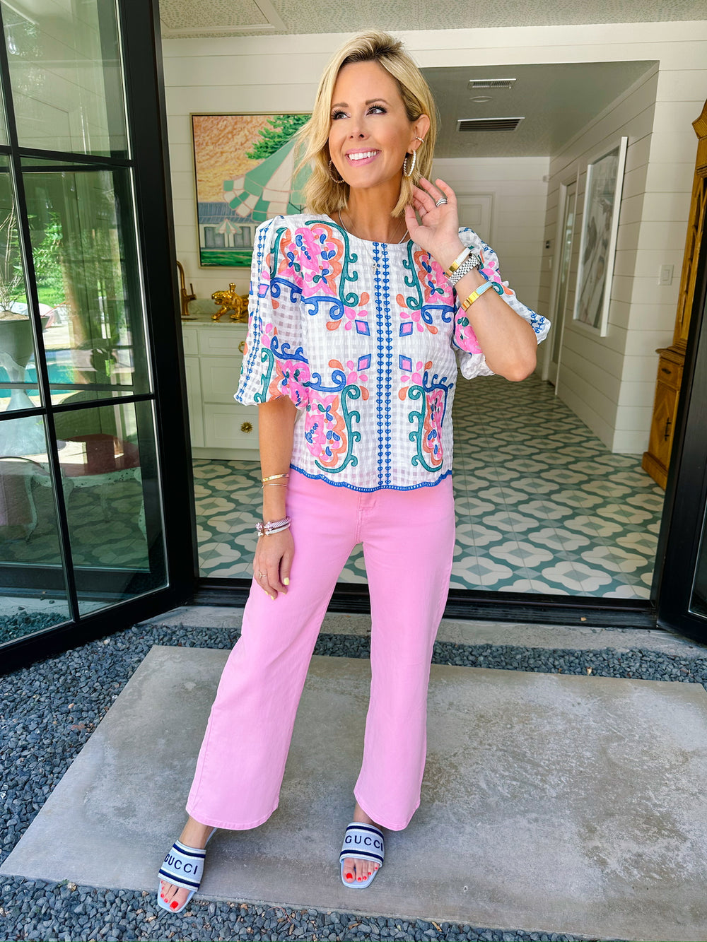 SUPER BLOOMS EMBROIDERED GINGHAM TOP - WHITE