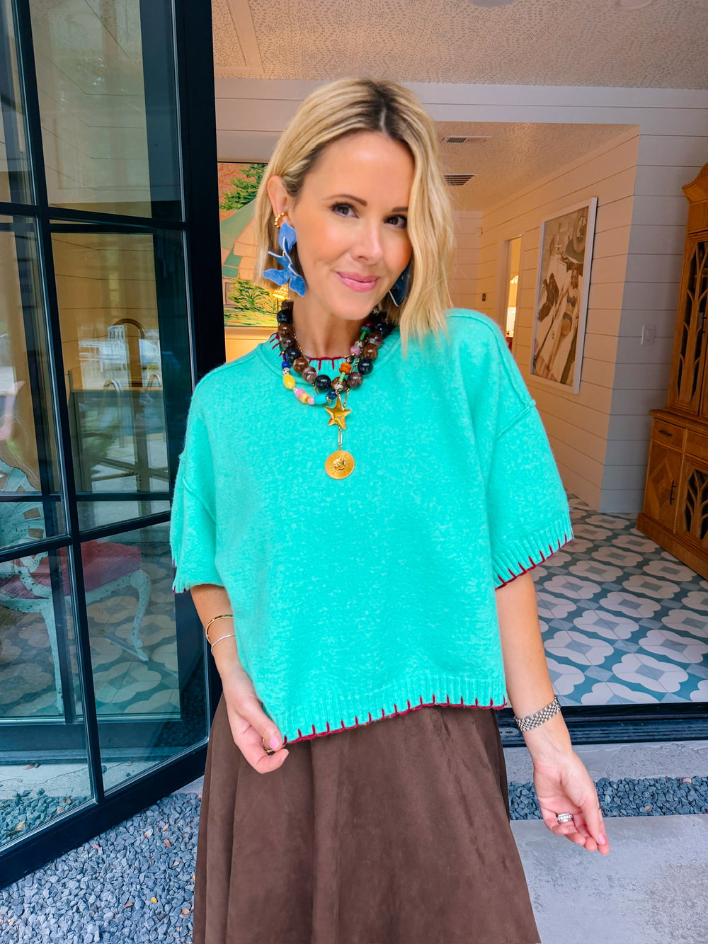 JESSIE STITCH TRIM SWEATER - MINT/WINE