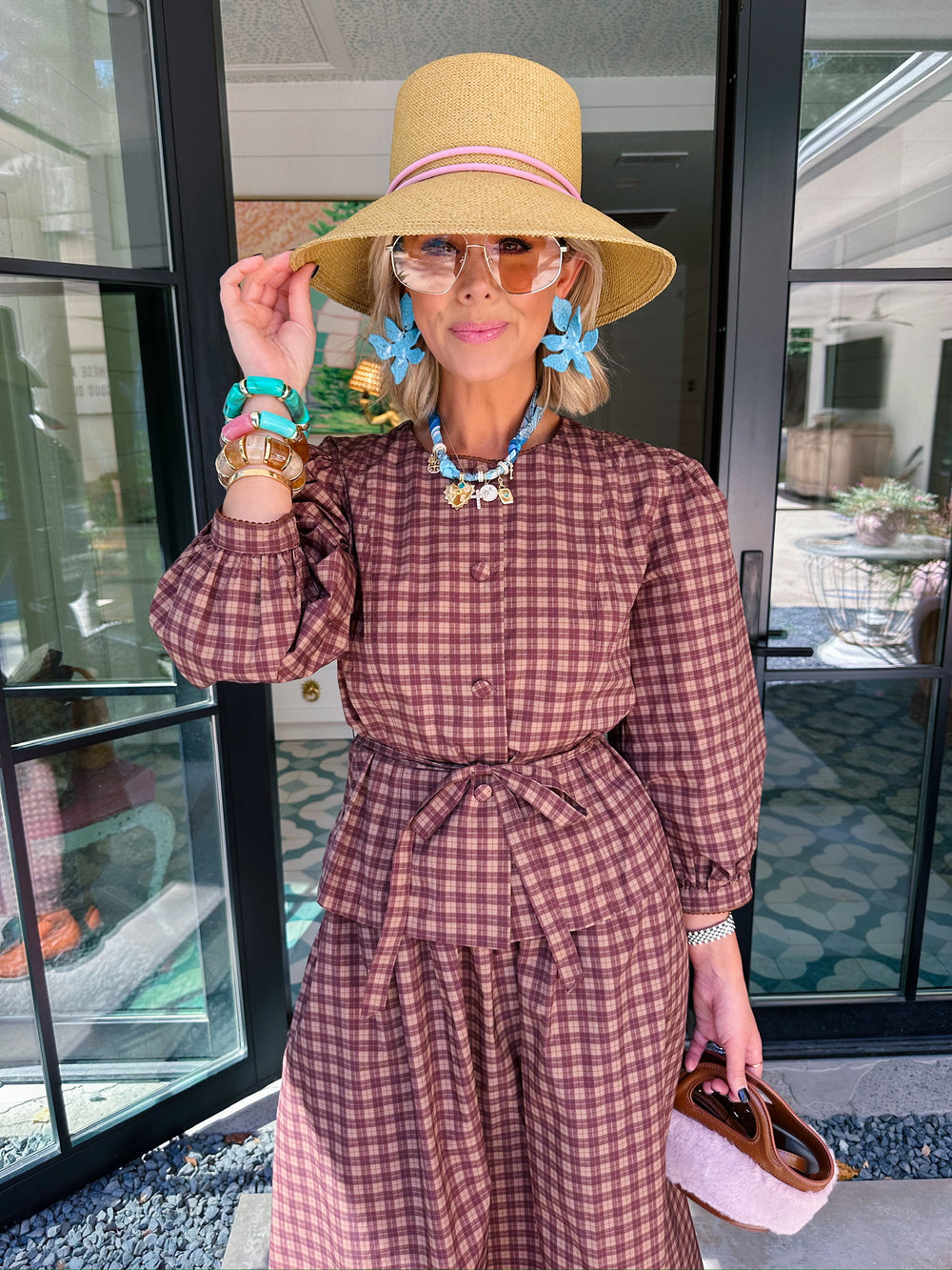 AUTUMN BREEZE PLAID WINDBREAKER LONG SLEEVE TOP - BROWN