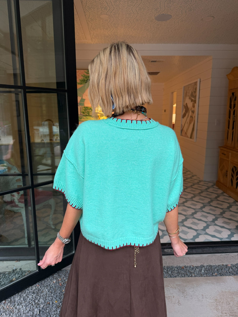 JESSIE STITCH TRIM SWEATER - MINT/WINE