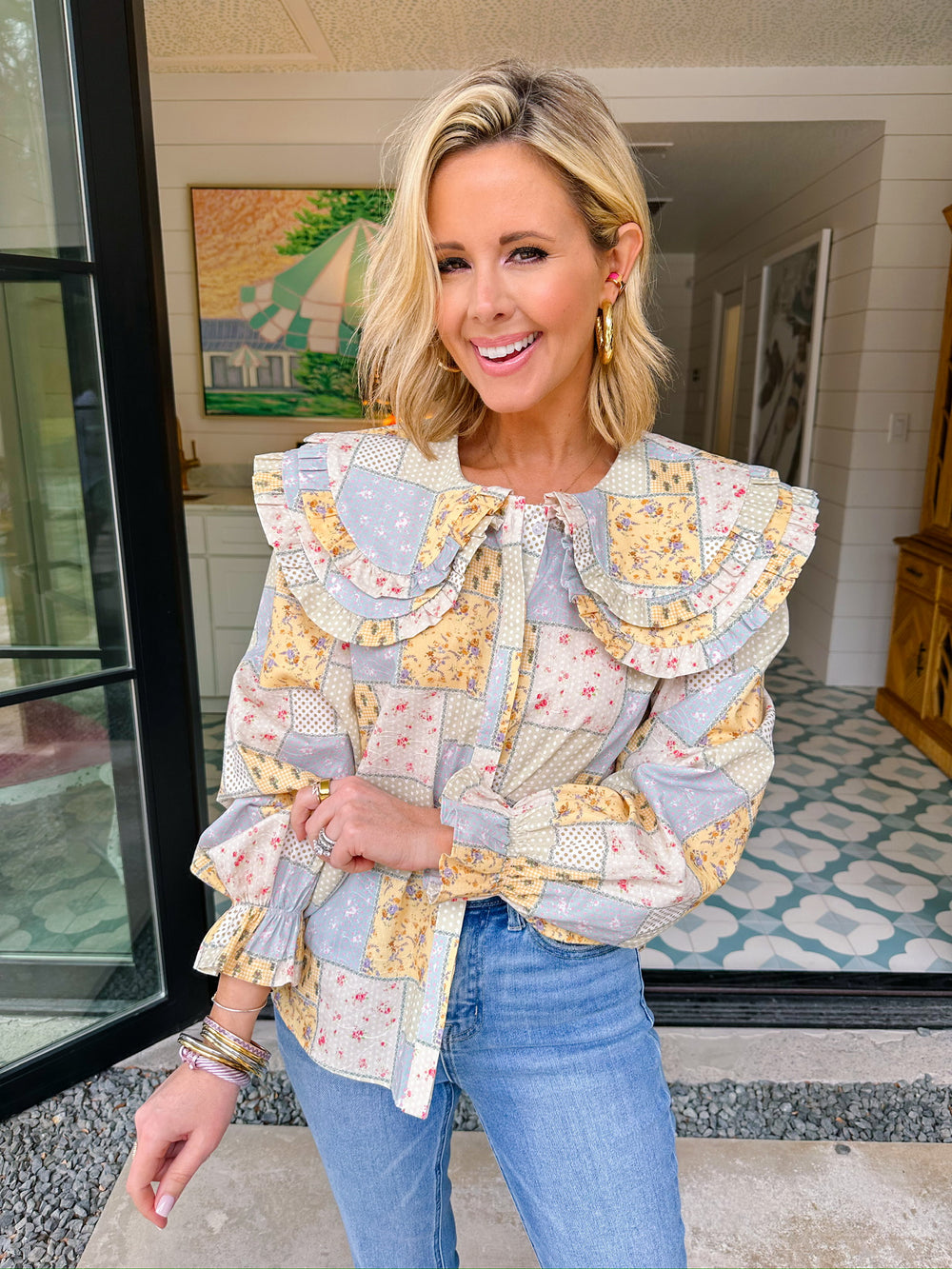 MOLLY FLORAL PATCHWORK OVERSIZED COLLAR TOP - BLUE/YELLOW