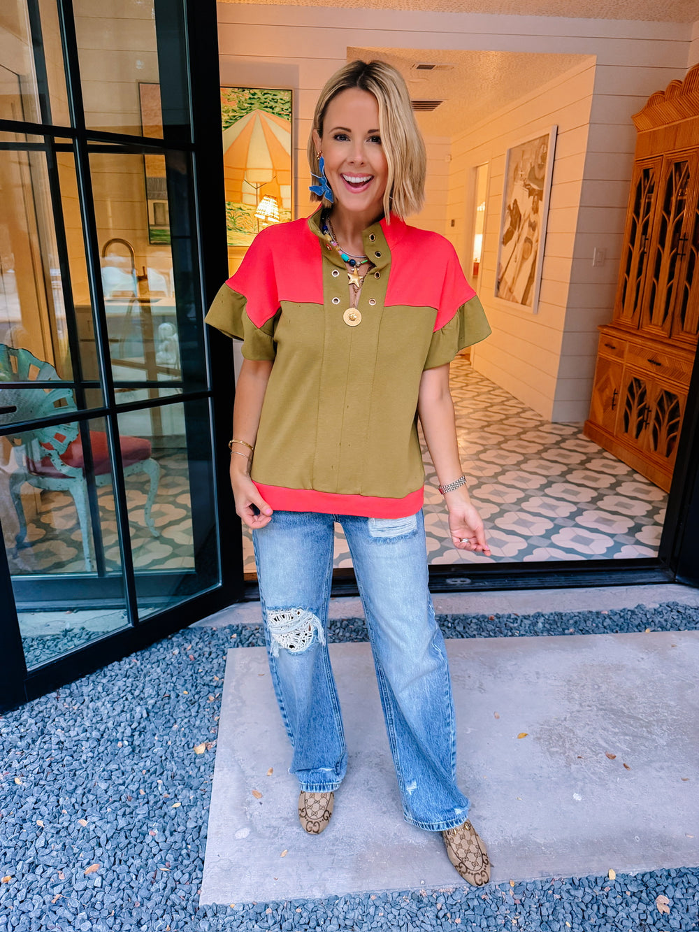 GOES WITHOUT SAYING COLORBLOCK TOP - OLIVE