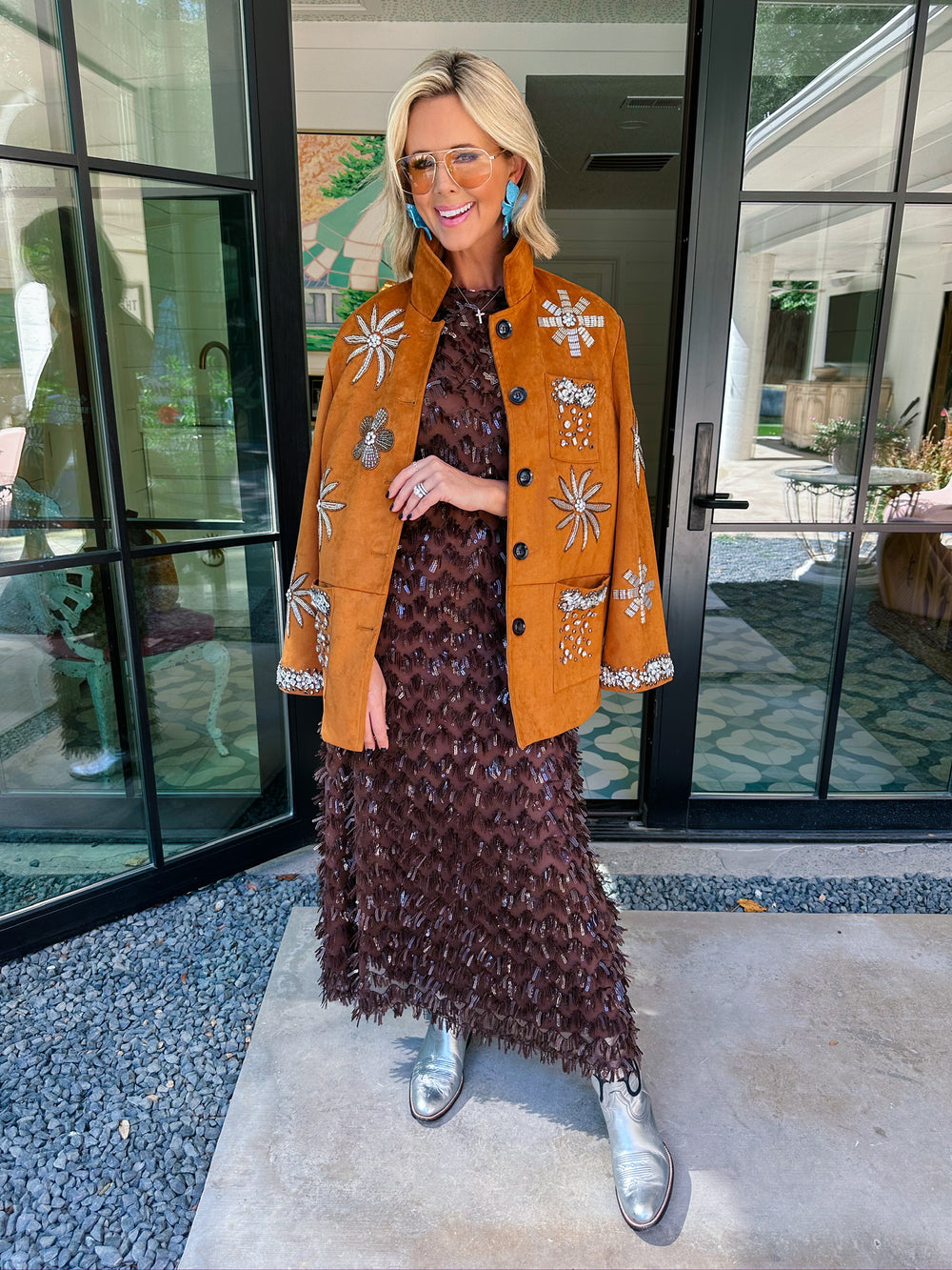 RHINESTONE REIGN FLORAL SUEDE JACKET - CAMEL