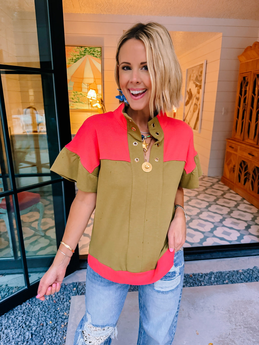 GOES WITHOUT SAYING COLORBLOCK TOP - OLIVE