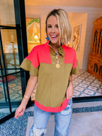 GOES WITHOUT SAYING COLORBLOCK TOP - OLIVE