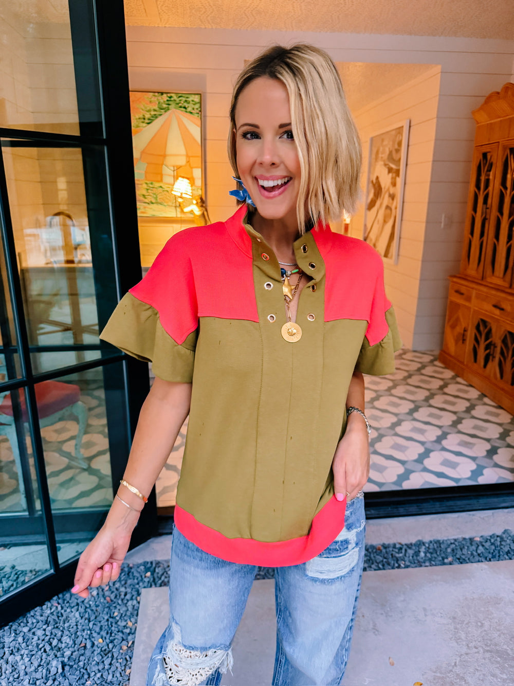 GOES WITHOUT SAYING COLORBLOCK TOP - OLIVE
