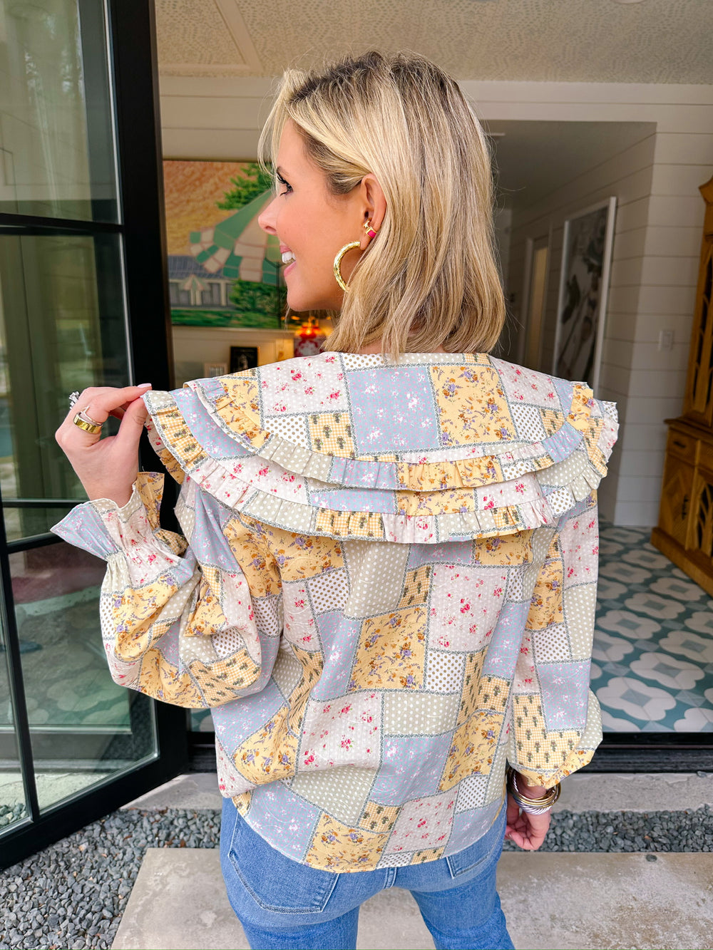 MOLLY FLORAL PATCHWORK OVERSIZED COLLAR TOP - BLUE/YELLOW