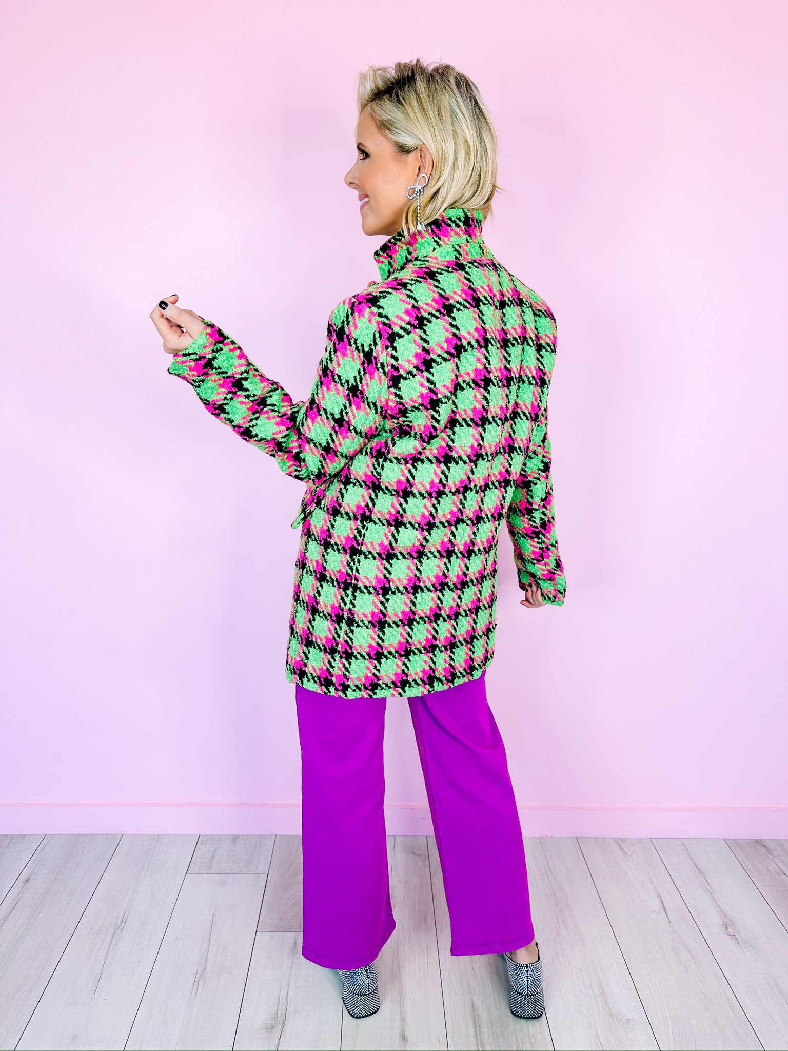 GIVE THEM SOMETHING TO LOOK AT TWEED PLAID BLAZER - GREEN/PINK