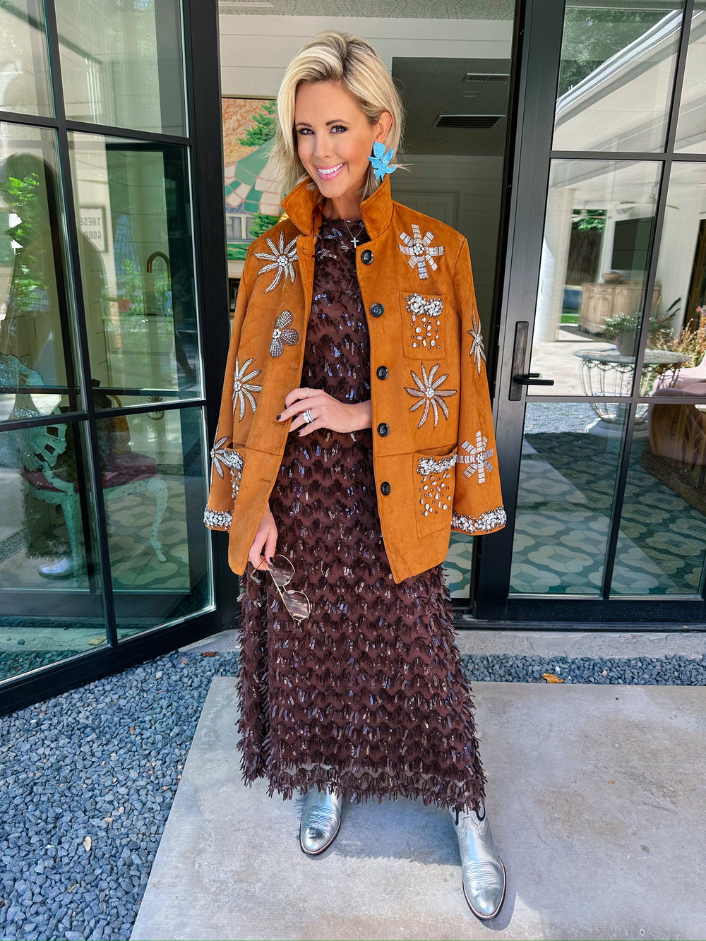 RHINESTONE REIGN FLORAL SUEDE JACKET - CAMEL