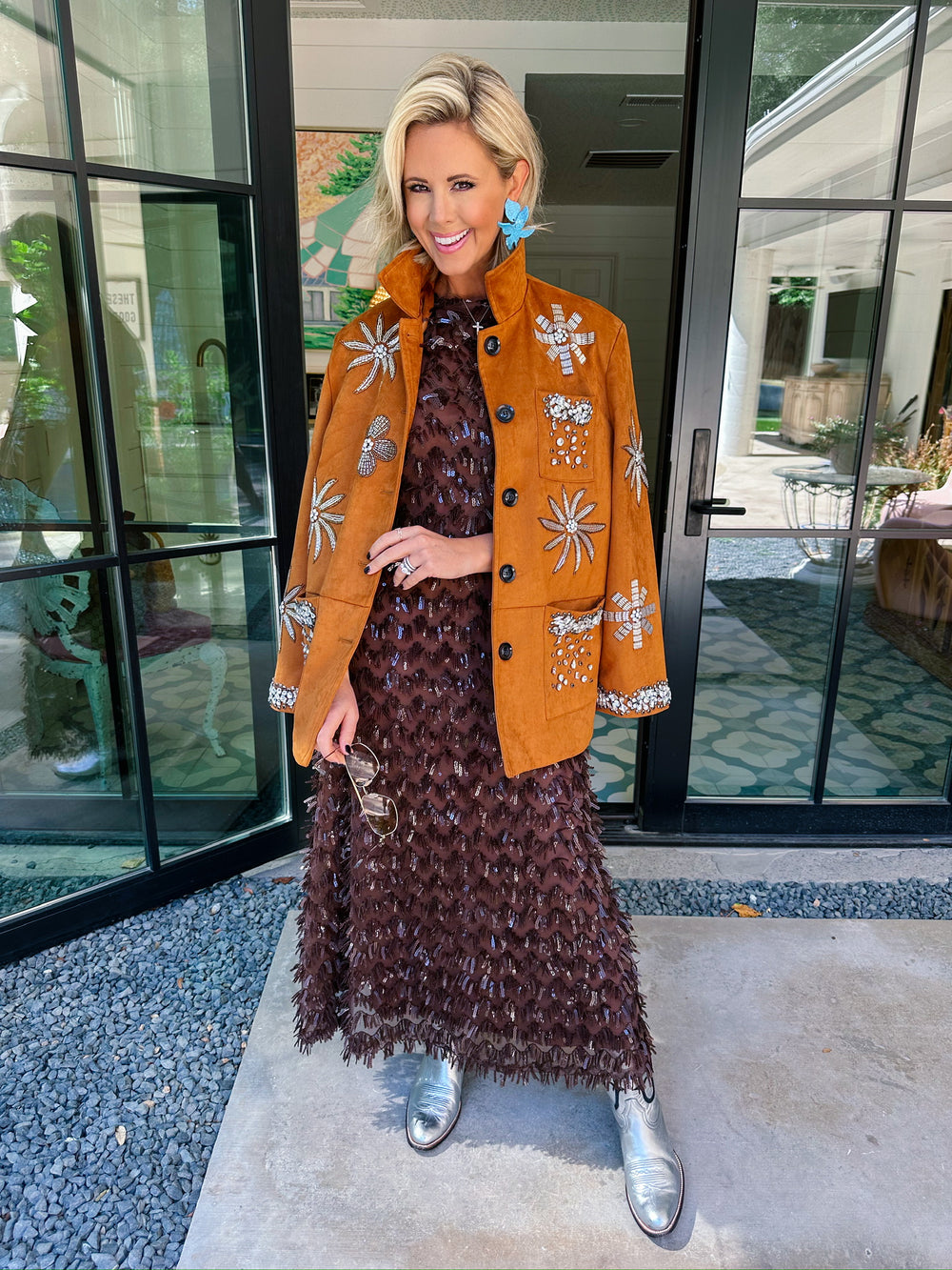 RHINESTONE REIGN FLORAL SUEDE JACKET - CAMEL