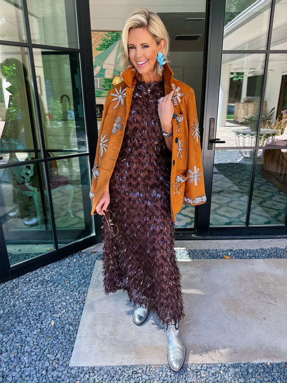 RHINESTONE REIGN FLORAL SUEDE JACKET - CAMEL