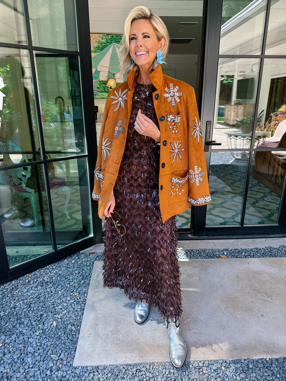 RHINESTONE REIGN FLORAL SUEDE JACKET - CAMEL