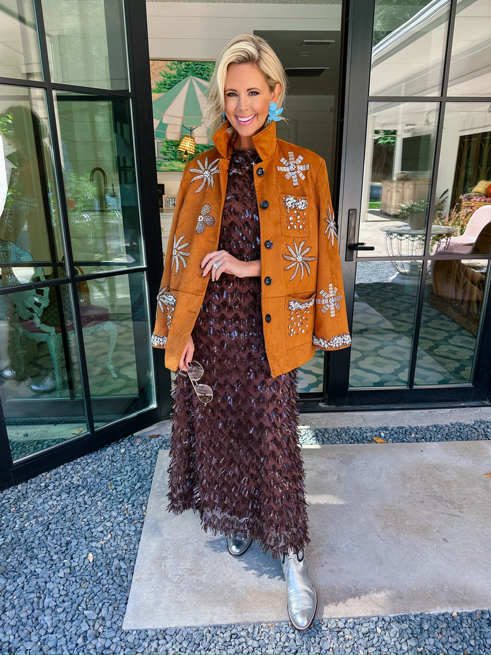 RHINESTONE REIGN FLORAL SUEDE JACKET - CAMEL