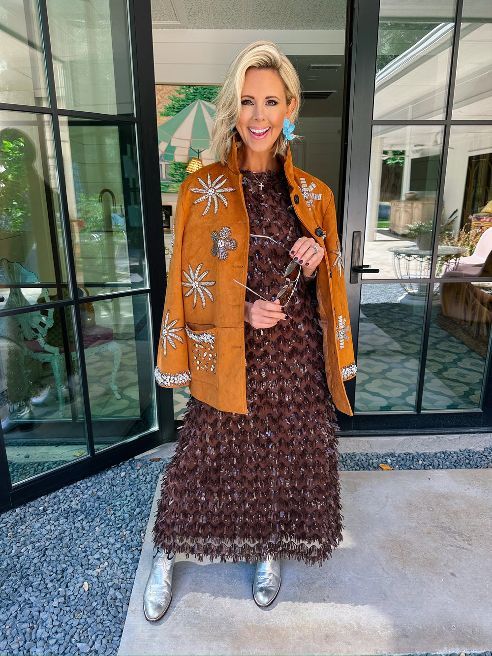 RHINESTONE REIGN FLORAL SUEDE JACKET - CAMEL